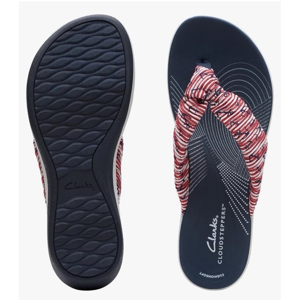 Clarks Cloudsteppers Arla Glison Navy/Red Anchor Flip Flops Sandals Nautical 11M